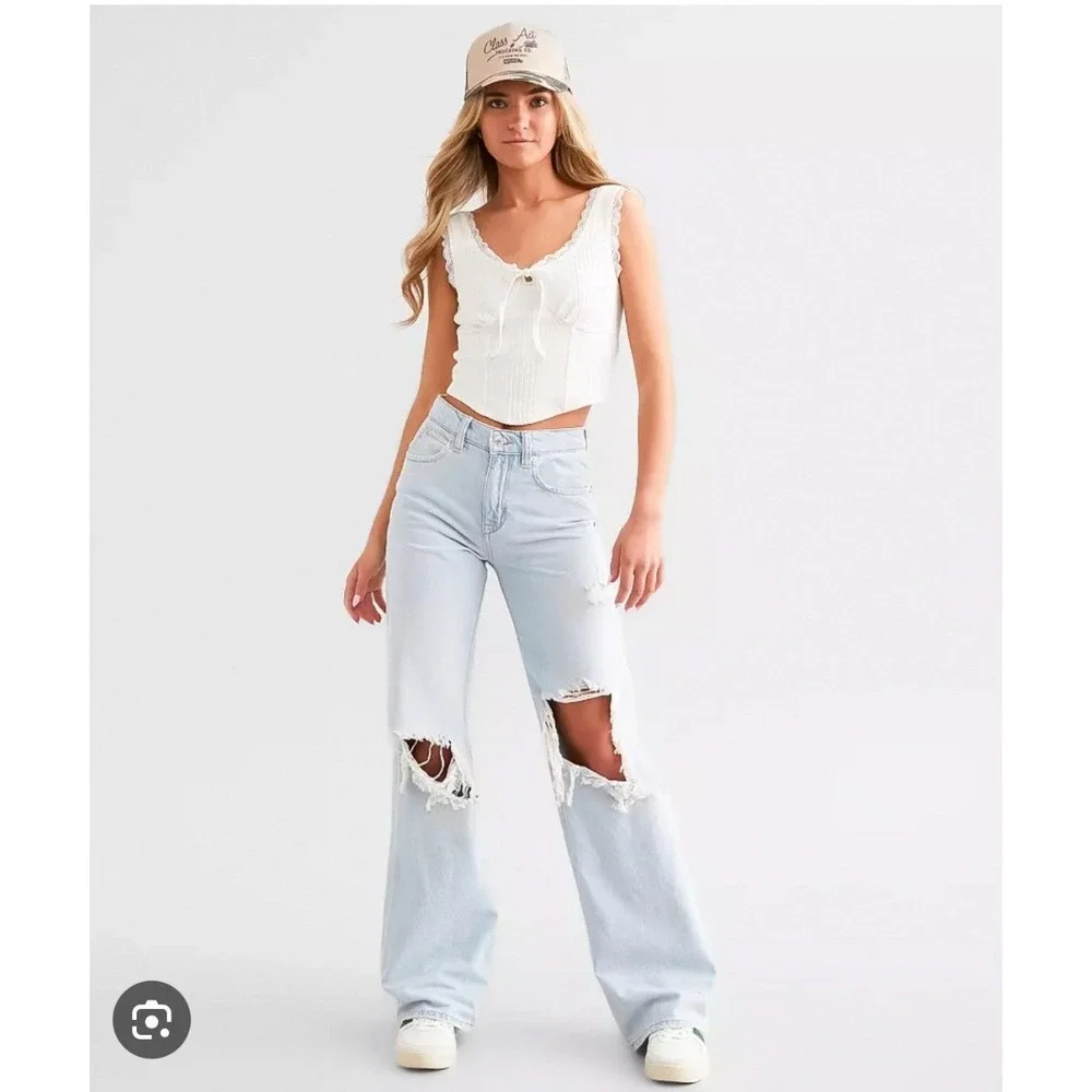 Free People We The Free Tinsley Baggy High Rise Straight Leg Distressed Jeans 27